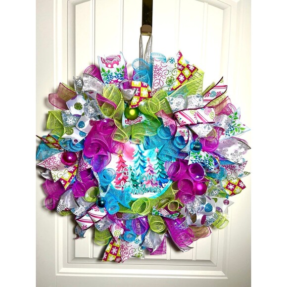 Handmade Bright Merry Christmas Holiday Ribbon Door Wreath 22 ins W54 Pink Blue - Picture 4 of 9